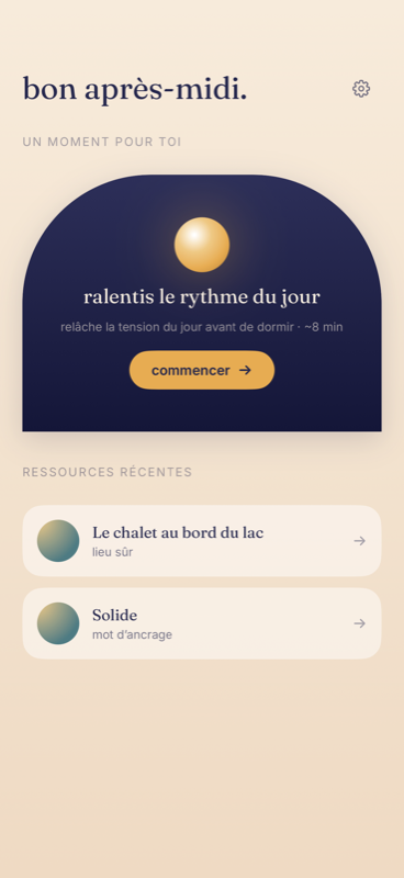 Écran d'accueil de Nook avec l'orbe chaleureux et les outils de calme