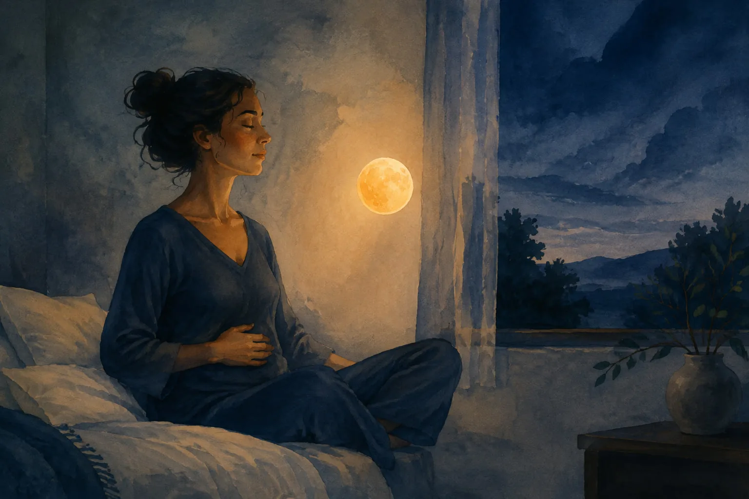 Pessoa sentada na cama respirando com calma junto a uma janela à noite